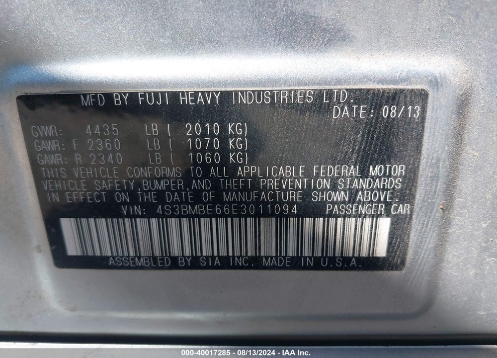 2014 SUBARU LEGACY 2.5I PREMIUM VIN: 4S3BMBE66E3011094