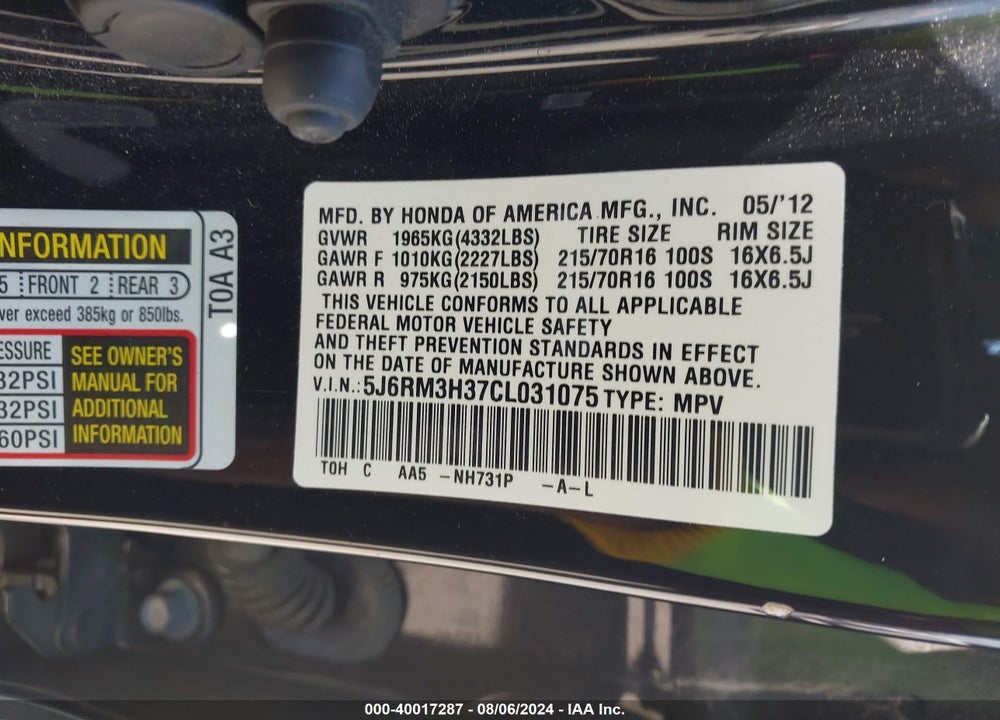 2012 HONDA CR-V LX VIN: 5J6RM3H37CL031075
