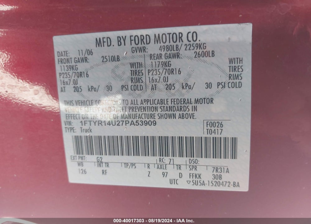 2007 FORD RANGER SPORT/STX/XL/XLT VIN: 1FTYR14U27PA53909