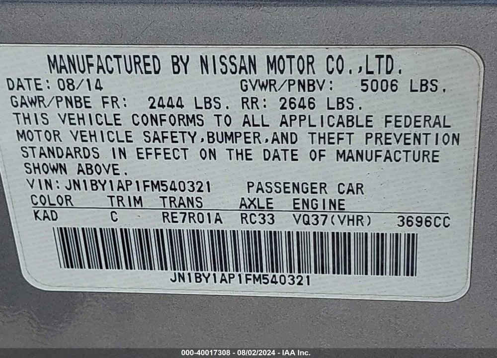 2015 INFINITI Q70 3.7 VIN: JN1BY1AP1FM540321