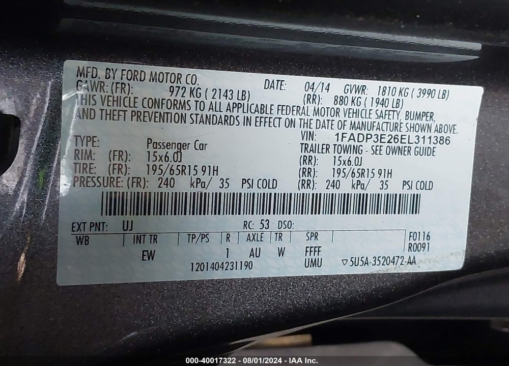 2014 FORD FOCUS VIN: 1FADP3E26EL311386