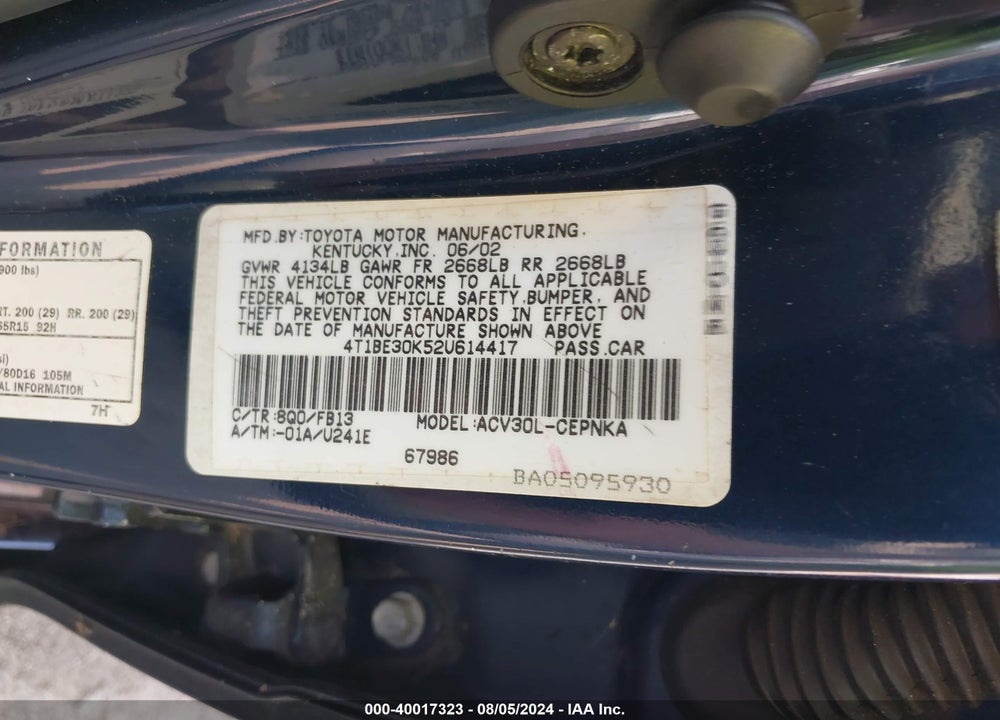 2002 TOYOTA CAMRY LE VIN: 4T1BE30K52U614417