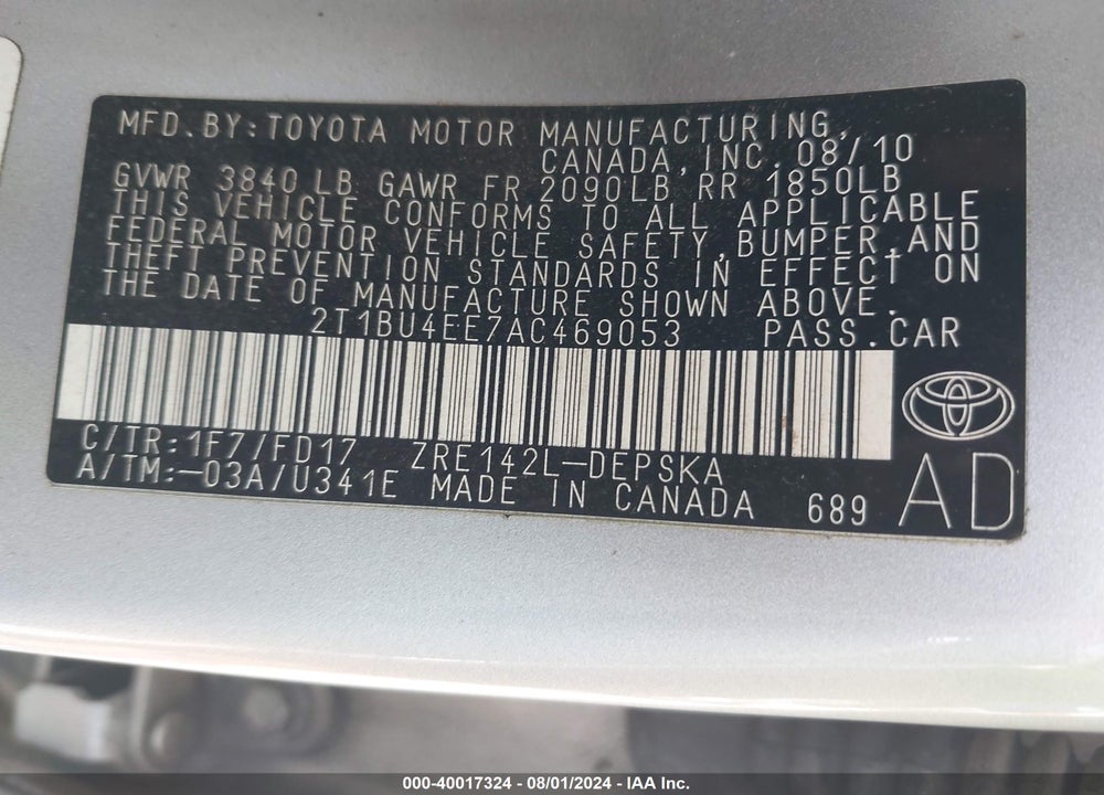 2010 TOYOTA COROLLA S VIN: 2T1BU4EE7AC469053