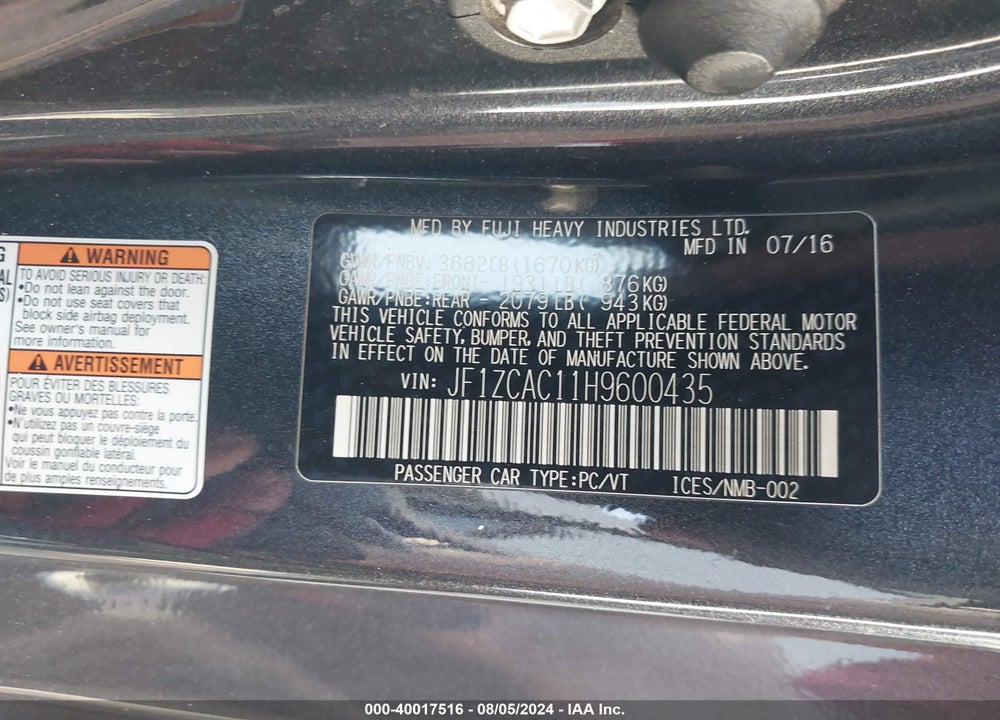 2017 SUBARU BRZ LIMITED VIN: JF1ZCAC11H9600435