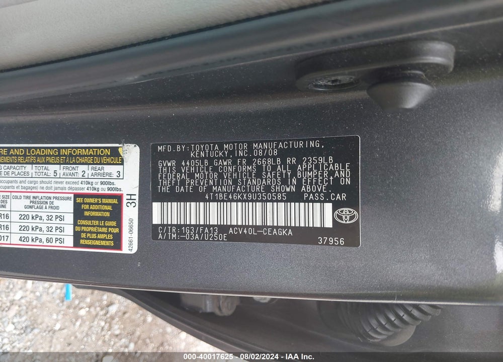 2009 TOYOTA CAMRY XLE VIN: 4T1BE46KX9U350585