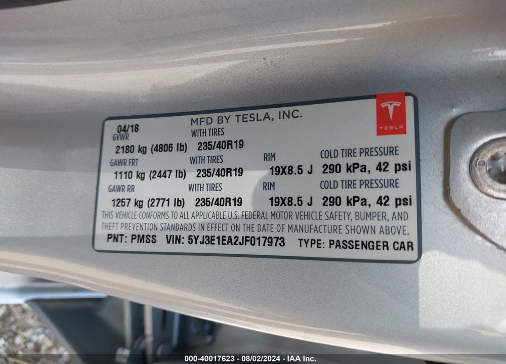 2018 TESLA MODEL 3 LONG RANGE/MID RANGE VIN: 5YJ3E1EA2JF017973
