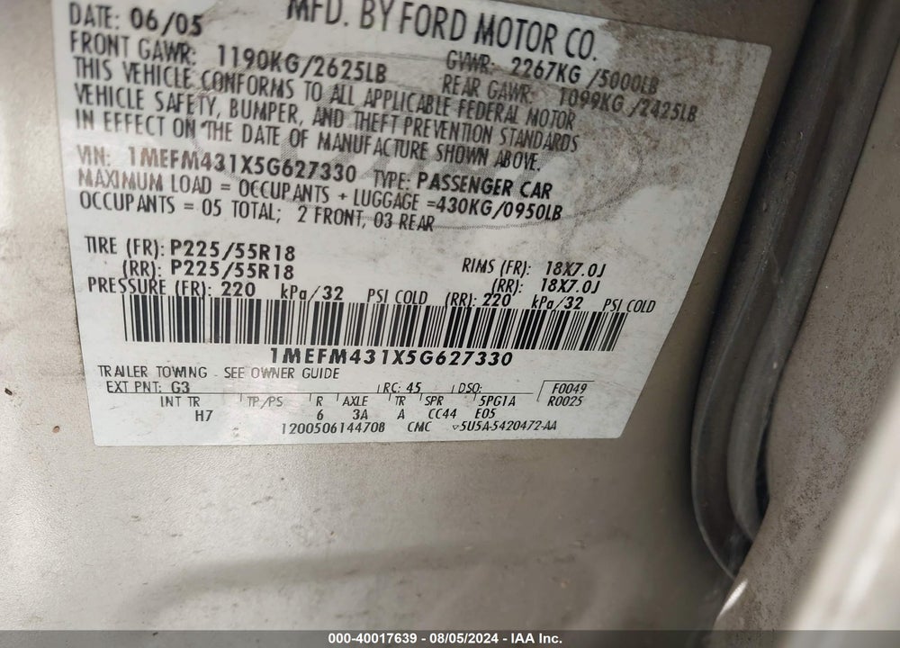 2005 MERCURY MONTEGO PREMIER VIN: 1MEFM431X5G627330