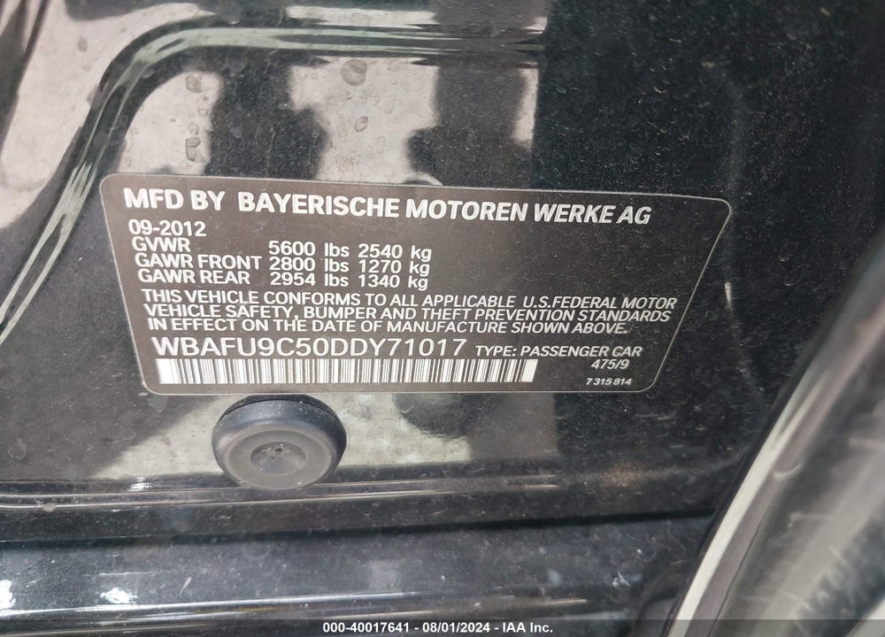 2013 BMW 550I XDRIVE VIN: WBAFU9C50DDY71017