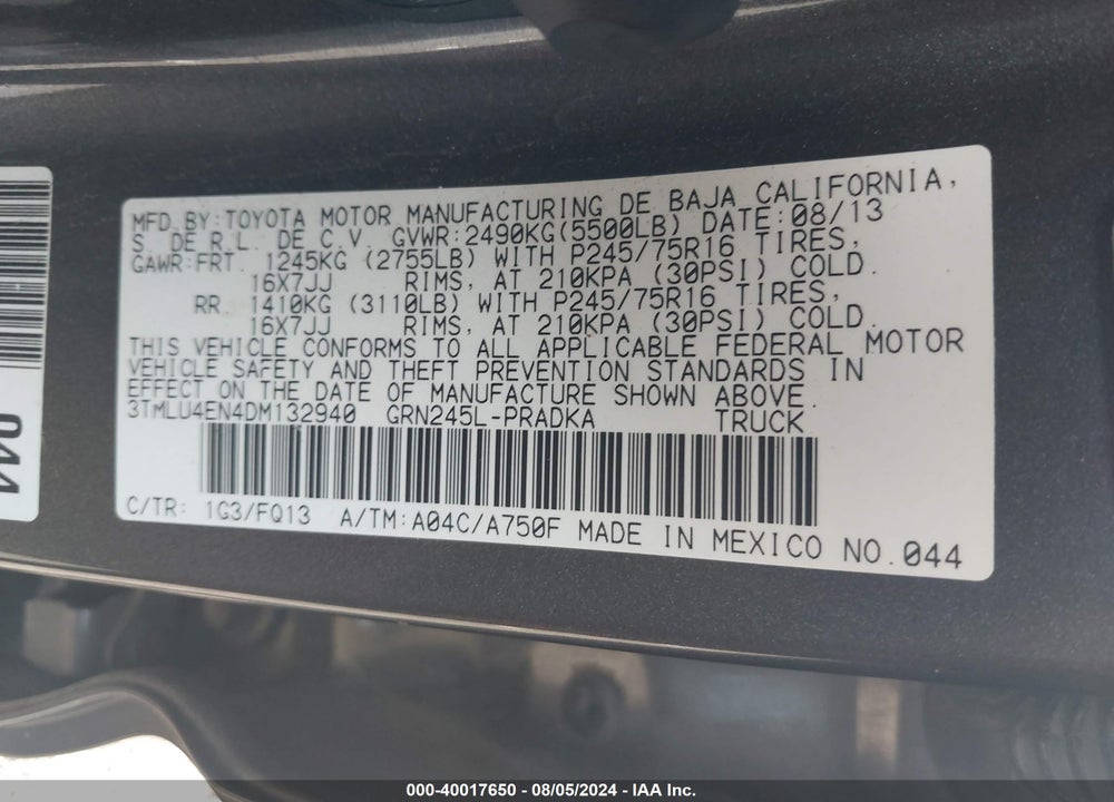 2013 TOYOTA TACOMA BASE V6 VIN: 3TMLU4EN4DM132940