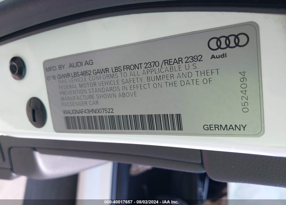 2017 AUDI A4 2.0T PREMIUM VIN: WAUGNAF43HN007522
