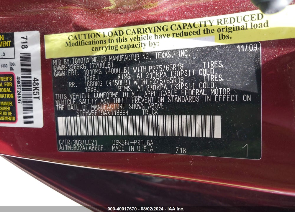 2010 TOYOTA TUNDRA LIMITED 5.7L V8 VIN: 5TFHW5F19AX118894