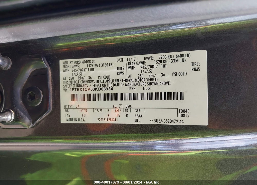 2018 FORD F-150 XL VIN: 1FTEX1CP5JKD08934