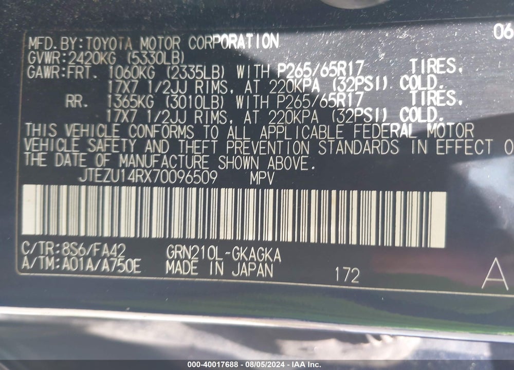 2007 TOYOTA 4RUNNER SR5 V6 VIN: JTEZU14RX70096509