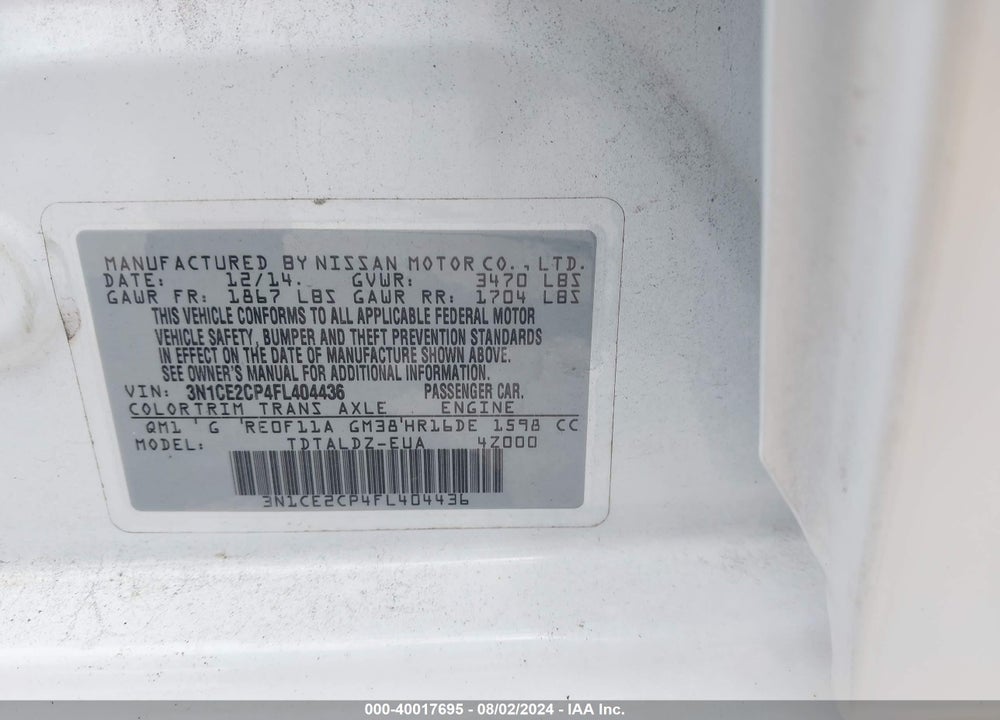 2015 NISSAN VERSA NOTE VIN: 3N1CE2CP4FL404436