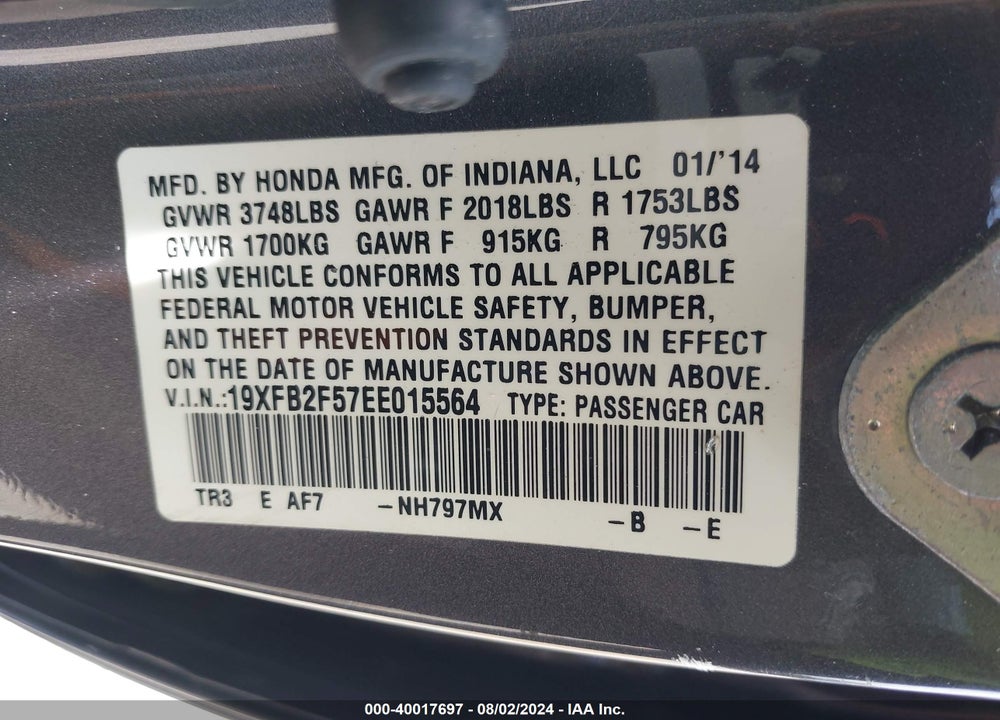2014 HONDA CIVIC LX VIN: 19XFB2F57EE015564