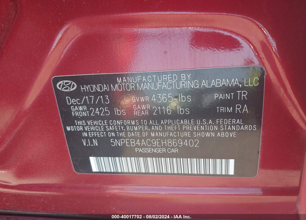 2014 HYUNDAI SONATA GLS VIN: 5NPEB4AC9EH869402
