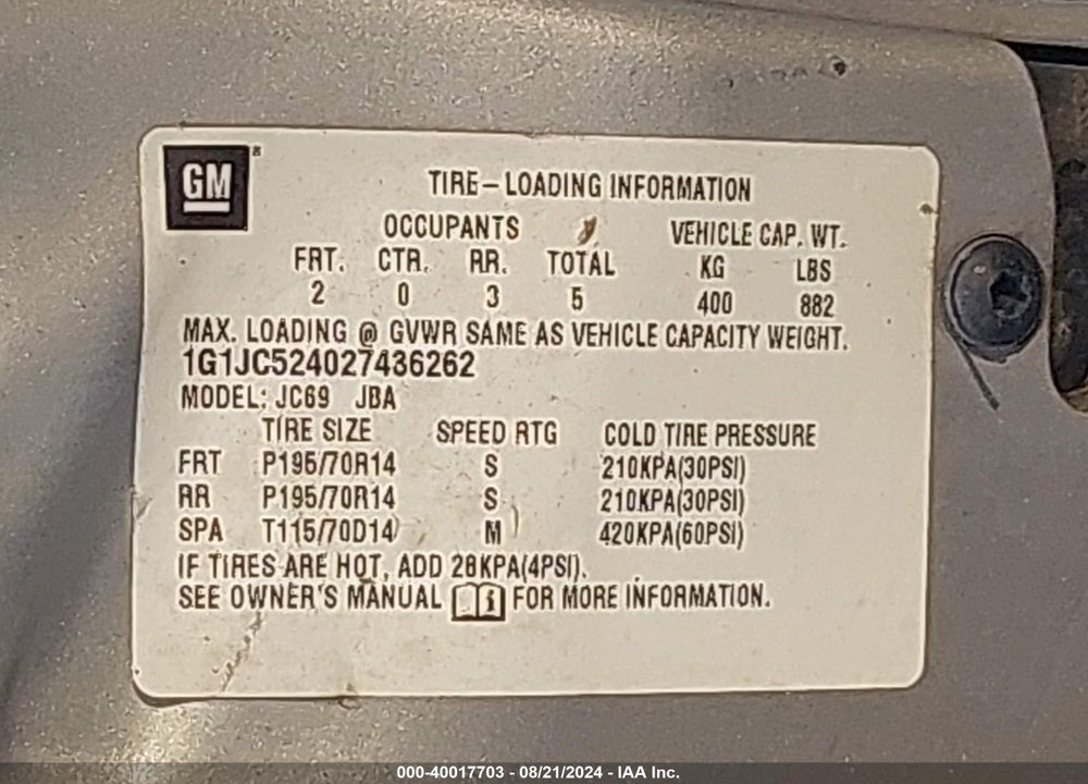 2002 CHEVROLET CAVALIER VIN: 1G1JC524027436262