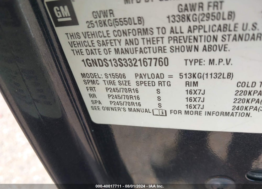 2003 CHEVROLET TRAILBLAZER LS VIN: 1GNDS13S332167760