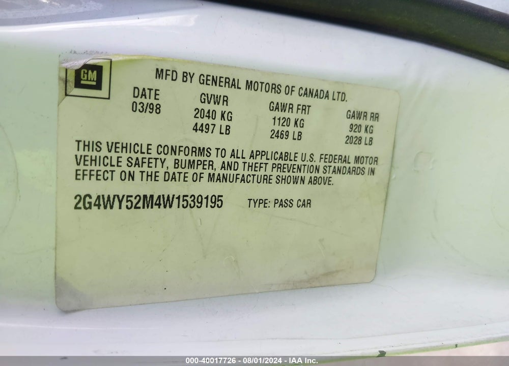 1998 BUICK CENTURY LIMITED CMI VIN: 2G4WY52M4W1539195