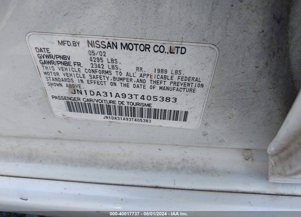 2003 NISSAN MAXIMA GLE VIN: JN1DA31A93T405383