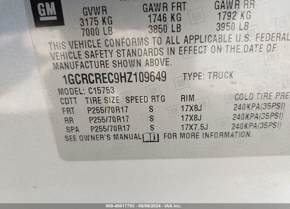 2017 CHEVROLET SILVERADO 1500 1LT VIN: 1GCRCREC9HZ109649