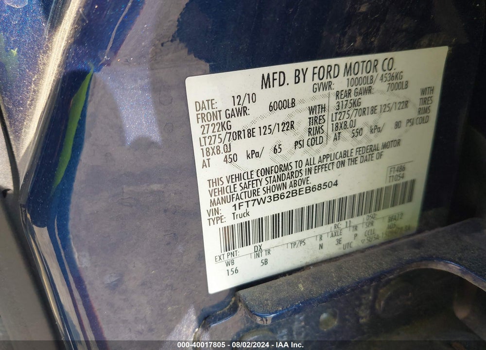 2011 FORD F-350 LARIAT VIN: 1FT7W3B62BEB68504