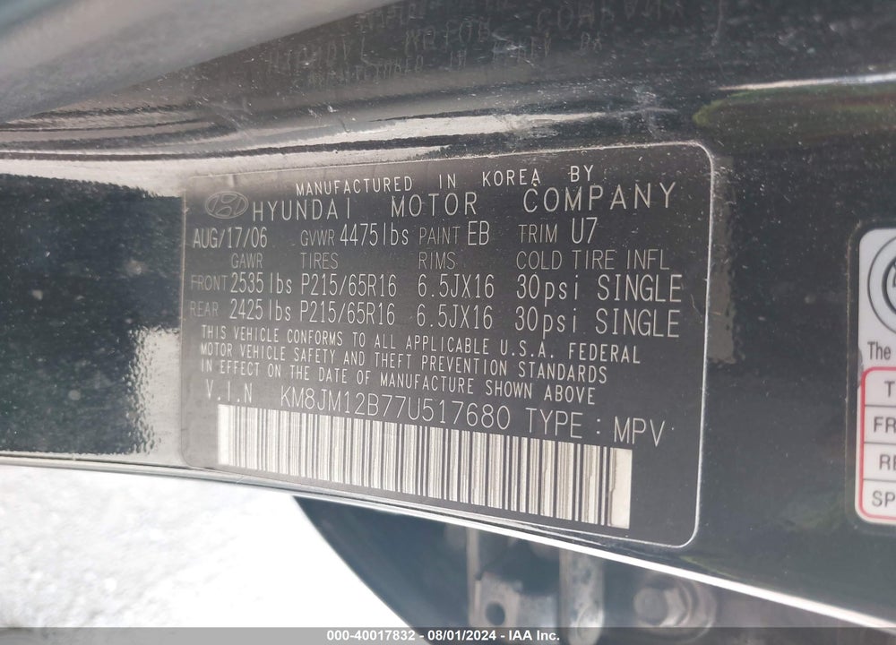 2007 HYUNDAI TUCSON GLS VIN: KM8JM12B77U517680