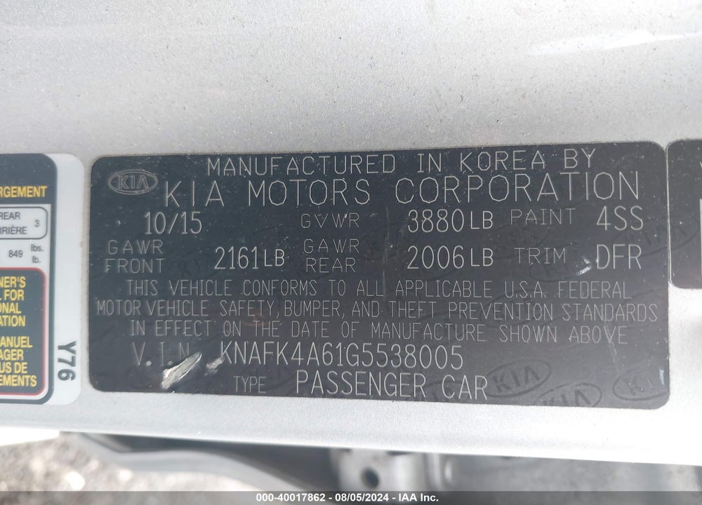 2016 KIA FORTE LX VIN: KNAFK4A61G5538005