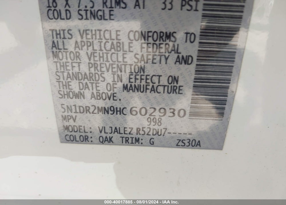 2017 NISSAN PATHFINDER PLATINUM/S/SL/SV VIN: 5N1DR2MN9HC602930