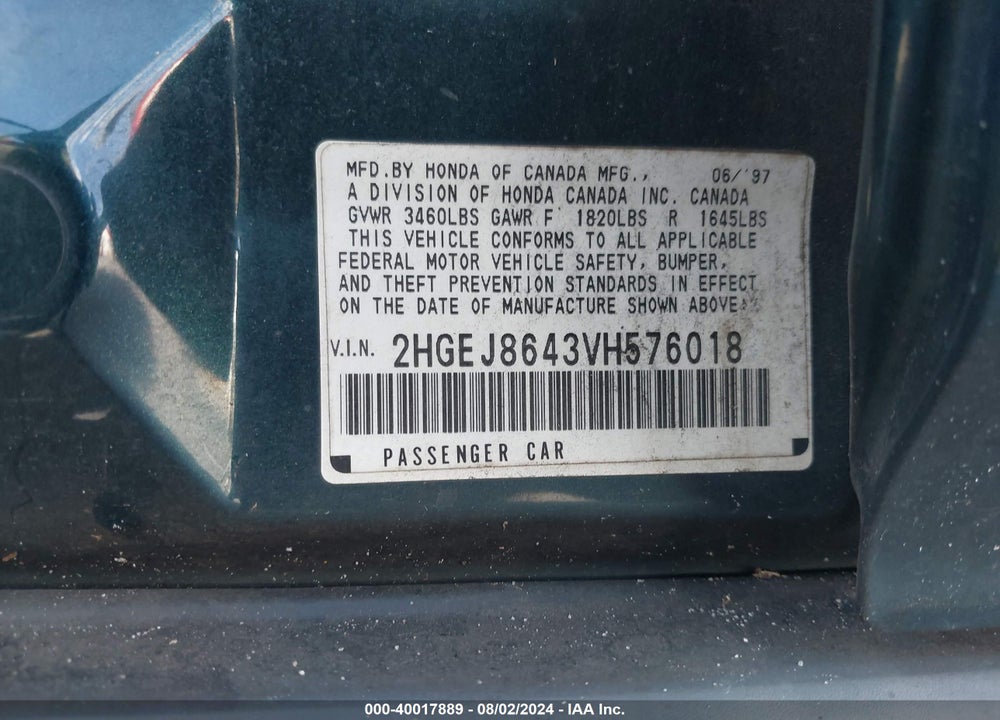 1997 HONDA CIVIC EX VIN: 2HGEJ8643VH576018