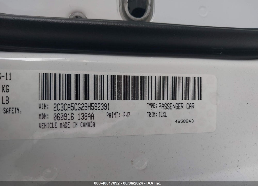 2011 CHRYSLER 300 VIN: 2C3CA5CG2BH592391