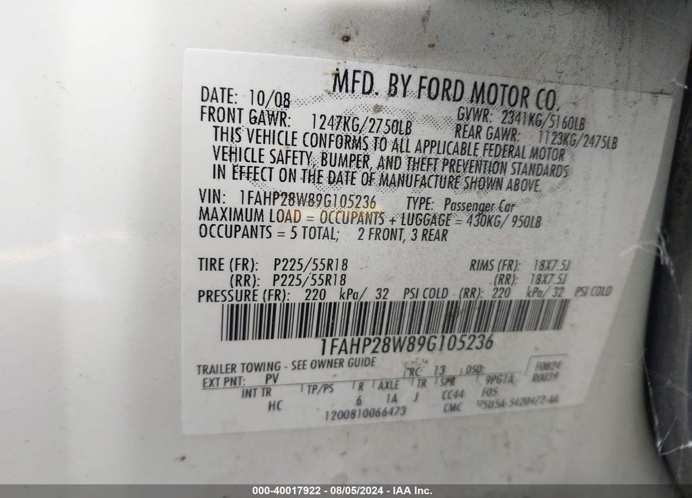 2009 FORD TAURUS LIMITED VIN: 1FAHP28W89G105236