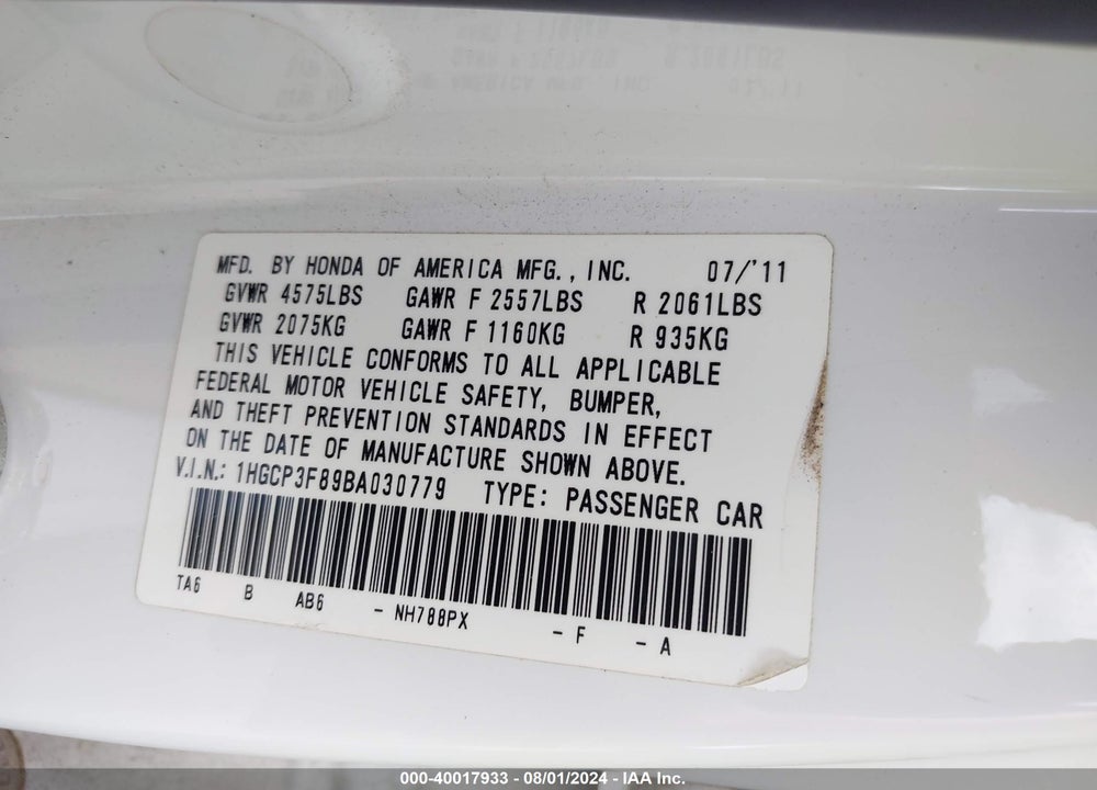 2011 HONDA ACCORD 3.5 EX-L VIN: 1HGCP3F89BA030779