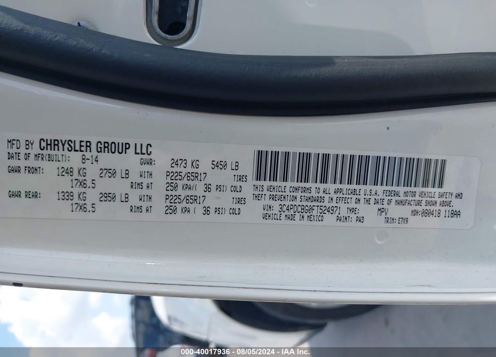 2015 DODGE JOURNEY SXT VIN: 3C4PDCBG0FT524971