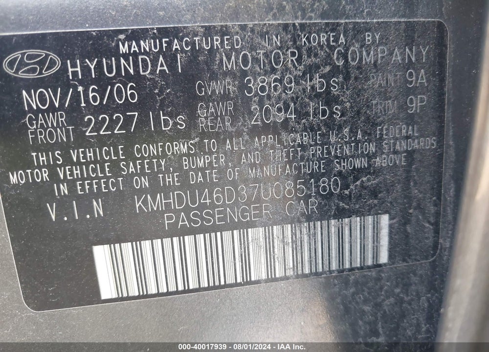 2007 HYUNDAI ELANTRA GLS/LIMITED/SE VIN: KMHDU46D37U085180