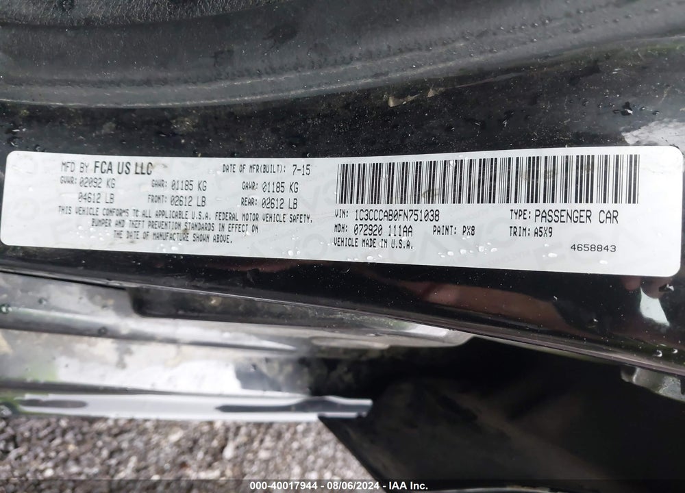 2015 CHRYSLER 200 LIMITED VIN: 1C3CCCAB0FN751038