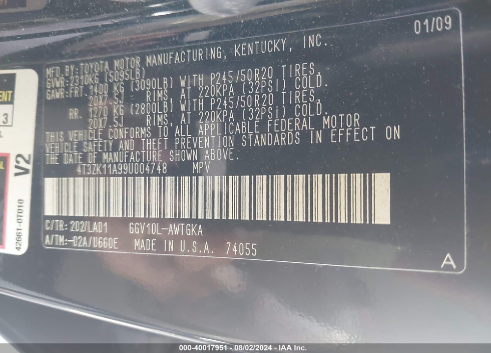 2009 TOYOTA VENZA BASE V6 VIN: 4T3ZK11A99U004748