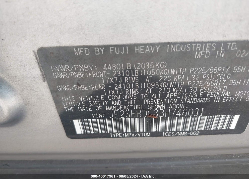 2011 SUBARU FORESTER 2.5X PREMIUM VIN: JF2SHBDC3BH746031