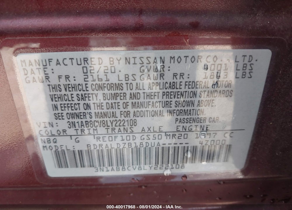 2020 NISSAN SENTRA SV XTRONIC CVT VIN: 3N1AB8CV8LY222108