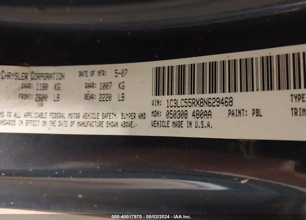 2008 CHRYSLER SEBRING TOURING VIN: 1C3LC55RX8N629468