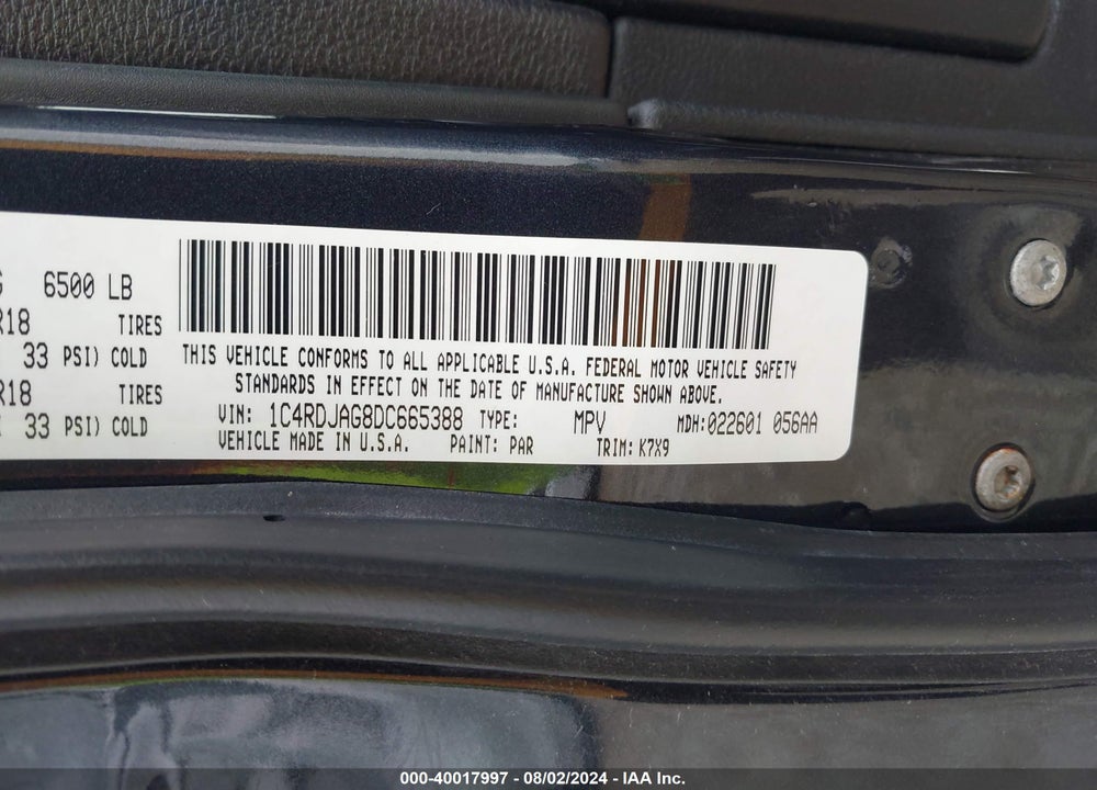 2013 DODGE DURANGO SXT VIN: 1C4RDJAG8DC665388
