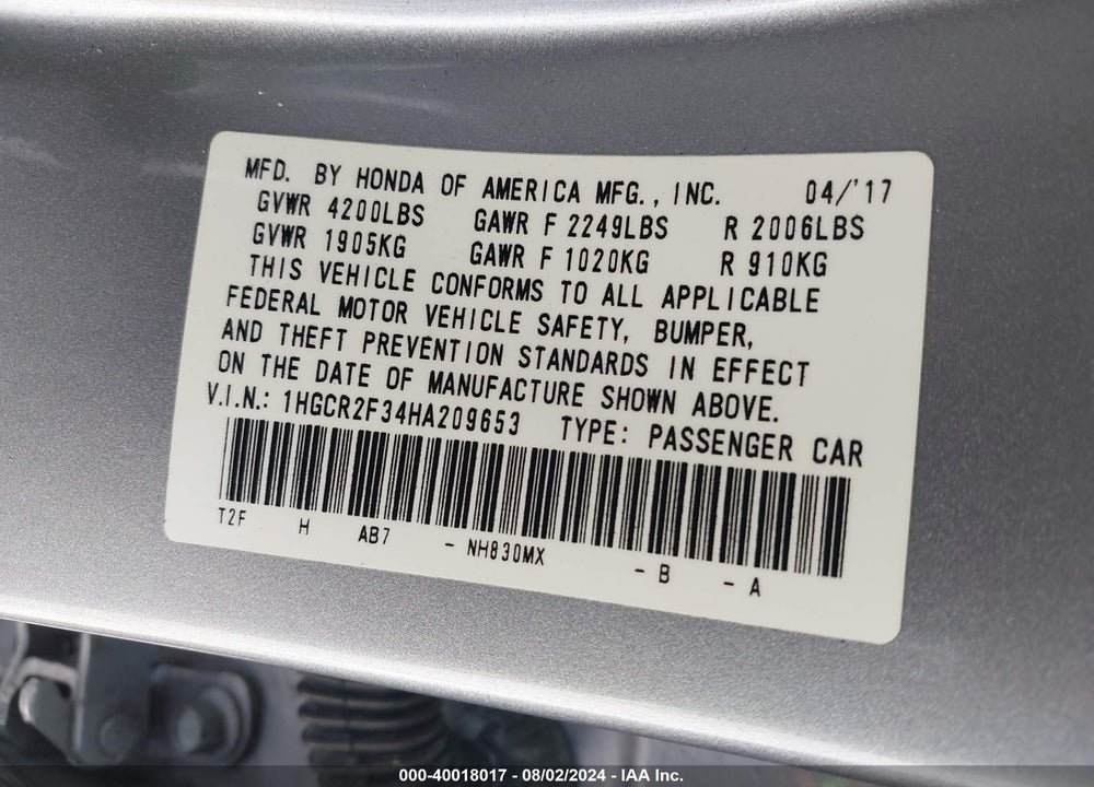 2017 HONDA ACCORD LX VIN: 1HGCR2F34HA209653