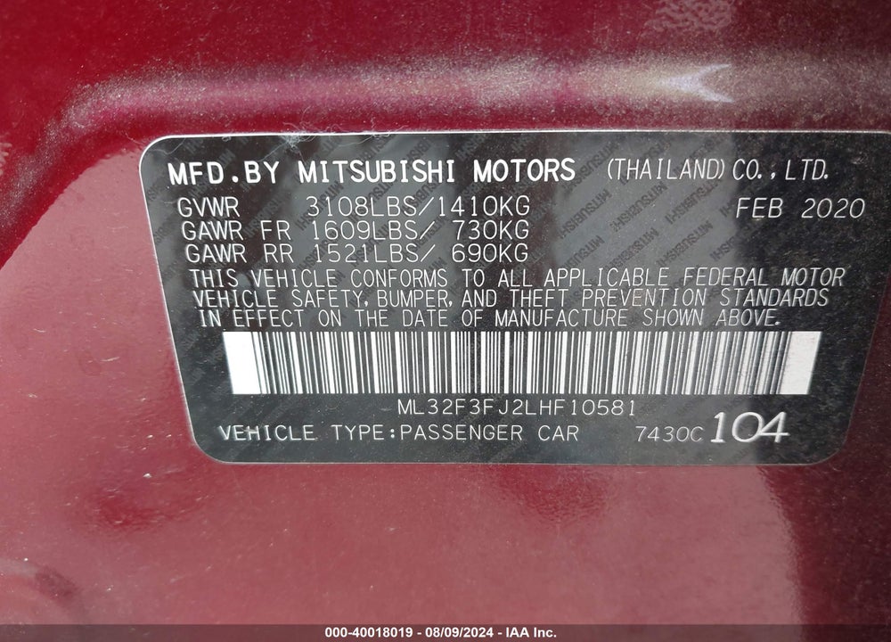 2020 MITSUBISHI MIRAGE G4 ES VIN: ML32F3FJ2LHF10581