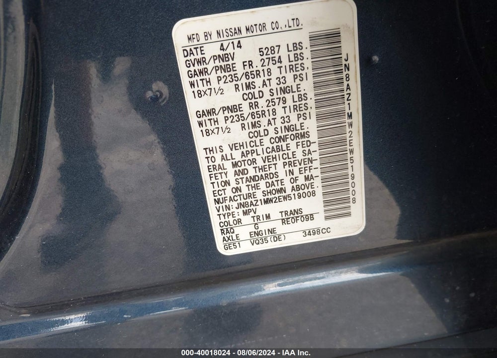2014 NISSAN MURANO SL VIN: JN8AZ1MW2EW519008
