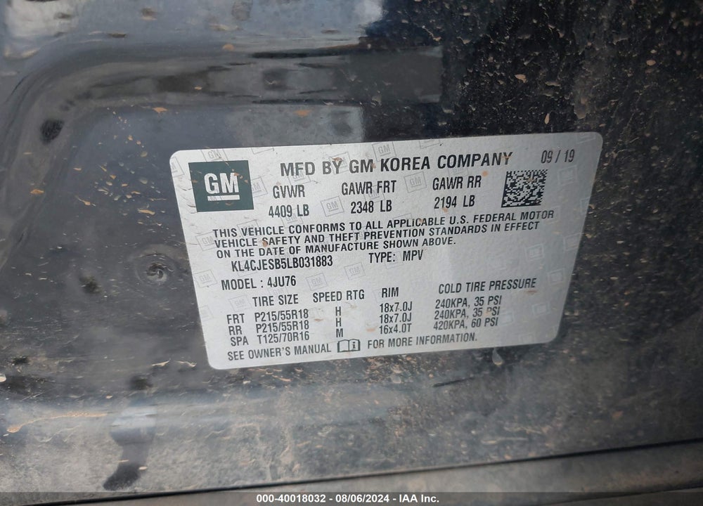 2020 BUICK ENCORE AWD PREFERRED VIN: KL4CJESB5LB031883