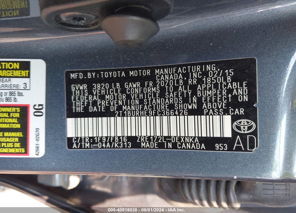 2015 TOYOTA COROLLA LE PLUS VIN: 2T1BURHE9FC366426