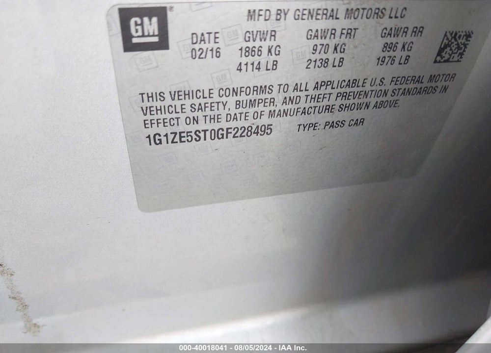 2016 CHEVROLET MALIBU 1LT VIN: 1G1ZE5ST0GF228495