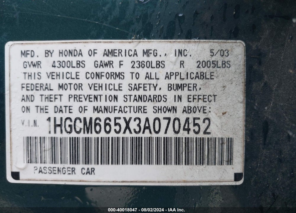 2003 HONDA ACCORD 3.0 EX VIN: 1HGCM665X3A070452