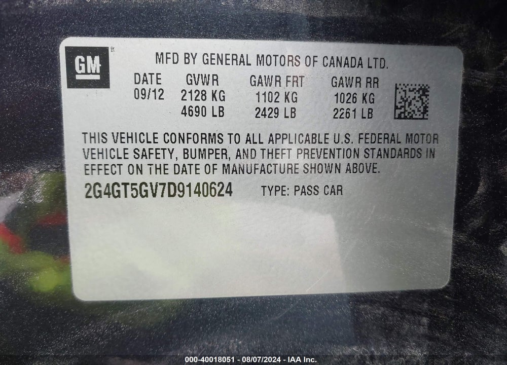 2013 BUICK REGAL TURBO PREMIUM 2 VIN: 2G4GT5GV7D9140624