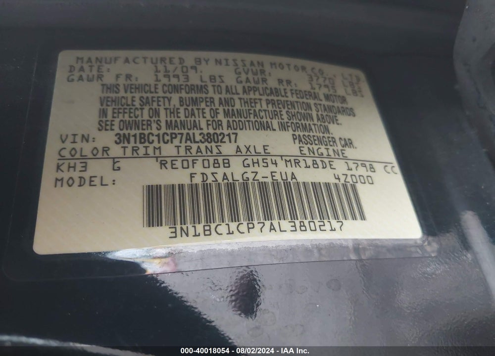 2010 NISSAN VERSA 1.8SL VIN: 3N1BC1CP7AL380217
